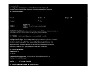 Presentación de
los ludogramas de cada equipo y alumno. Elaboración de reportes de
estrategias realizadas durante el torneo. Presentación del registro personal
“Mi frecuencia cardiaca”.
Escuela: Grado 1 Grupo: A, B,
Profesor: Fecha:
BLOQUE: 4
NOMBRE DEL
BLOQUE: Cómo formular una estrategia
efectiva
PROPOSITO DEL BLOQUE los alumnos conozcan sus posibilidades de acción motriz, en
actividades de cancha de invasión con alto grado de incertidumbre.
CONTENIDO . La iniciación deportiva en actividades de invasión
APRENDIZAJEESPERADO Identifica y señala faltas en las acciones motrices, como una
actitud consistente de respeto para sí mismo y los demás. Acata las normas y
colabora con sus compañeros en la realización de desempeños motrices que
permitan superar problemas. Asume con responsabilidad los diversos roles en
la dinámica de grupo para saber jugar y disfrutar de la interacción.
SECUENCIA DE TRABAJO
Organización de
un torneo
FINALIDAD DE LA SECUENCIA se observen los desempeños motrices en
el juego a través del ludograma
SESION: 10 ACTIVIDAD el korfbal
ACTIVIDAD COMPLEMENTARIA Mi condición física.
 