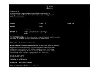 ASPECTOS
A EVALUAR
Presentación de
los ludogramas de cada equipo y alumno. Elaboración de reportes de
estrategias realizadas durante el torneo. Presentación del registro personal
“Mi frecuencia cardiaca”.
Escuela: Grado 1 Grupo: A, B,
Profesor: Fecha:
BLOQUE: 4
NOMBRE DEL
BLOQUE: Cómo formular una estrategia
efectiva
PROPOSITO DEL BLOQUE los alumnos conozcan sus posibilidades de acción motriz, en
actividades de cancha de invasión con alto grado de incertidumbre.
CONTENIDO . Organización de un torneo
APRENDIZAJEESPERADO Identifica y señala faltas en las acciones motrices, como una
actitud consistente de respeto para sí mismo y los demás. Acata las normas y
colabora con sus compañeros en la realización de desempeños motrices que
permitan superar problemas. Asume con responsabilidad los diversos roles en
la dinámica de grupo para saber jugar y disfrutar de la interacción.
SECUENCIA DE TRABAJO
FINALIDAD DE LA SECUENCIA
SESION: 14 ACTIVIDAD handball
ACTIVIDAD COMPLEMENTARIA Mi condición física.
 