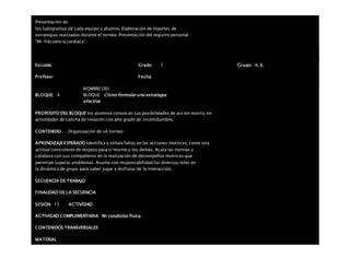Presentación de
los ludogramas de cada equipo y alumno. Elaboración de reportes de
estrategias realizadas durante el torneo. Presentación del registro personal
“Mi frecuencia cardiaca”.
Escuela: Grado 1 Grupo: A, B,
Profesor: Fecha:
BLOQUE: 4
NOMBRE DEL
BLOQUE: Cómo formular una estrategia
efectiva
PROPOSITO DEL BLOQUE los alumnos conozcan sus posibilidades de acción motriz, en
actividades de cancha de invasión con alto grado de incertidumbre.
CONTENIDO . Organización de un torneo
APRENDIZAJEESPERADO Identifica y señala faltas en las acciones motrices, como una
actitud consistente de respeto para sí mismo y los demás. Acata las normas y
colabora con sus compañeros en la realización de desempeños motrices que
permitan superar problemas. Asume con responsabilidad los diversos roles en
la dinámica de grupo para saber jugar y disfrutar de la interacción.
SECUENCIA DE TRABAJO
FINALIDAD DE LA SECUENCIA
SESION: 15 ACTIVIDAD
ACTIVIDAD COMPLEMENTARIA Mi condición física.
CONTENIDOS TRANSVERSALES
MATERIAL
 