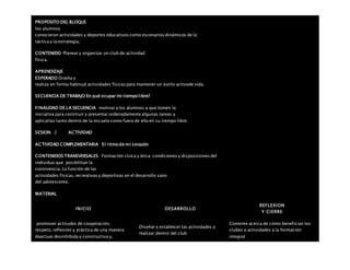 PROPOSITO DEL BLOQUE
los alumnos
conocieron actividades y deportes educativos como escenarios dinámicos de la
táctica y la estrategia.
CONTENIDO Planear y organizar un club de actividad
física.
APRENDIZAJE
ESPERADO Diseña y
realiza en forma habitual actividades físicas para mantener un estilo activode vida.
SECUENCIA DE TRABAJO En qué ocupar mi tiempo libre?
FINALIDAD DE LA SECUENCIA motivar a los alumnos a que tomen la
iniciativa para construir y presentar ordenadamente algunas tareas y
aplicarlas tanto dentro de la escuela como fuera de ella en su tiempo libre.
SESION: 2 ACTIVIDAD
ACTIVIDAD COMPLEMENTARIA El ritmo de mi corazón
CONTENIDOS TRANSVERSALES Formación cívica y ética: condiciones y disposiciones del
individuo que posibilitan la
convivencia. La función de las
actividades físicas, recreativas y deportivas en el desarrollo sano
del adolescente.
MATERIAL
INICIO DESARROLLO
REFLEXION
Y CIERRE
promover actitudes de cooperación,
respeto, reflexión y práctica de una manera
deactuar desinhibida y constructiva y,
Diseñar y establecer las actividades a
realizar dentro del club
Comente acerca de cómo benefician los
clubes o actividades a la formación
integral
 