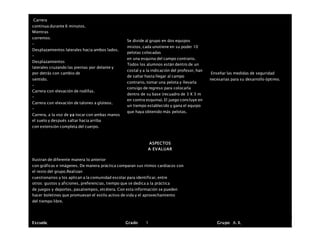  Carrera
continua durante 6 minutos.
 Mientras
corremos:
–
Desplazamientos laterales hacia ambos lados.
–
Desplazamientos
laterales cruzando las piernas por delante y
por detrás con cambio de
sentido.
–
Carrera con elevación de rodillas.
–
Carrera con elevación de talones a glúteos.
–
Carrera, a la voz de ya tocar con ambas manos
el suelo y después saltar hacia arriba
con extensión completa del cuerpo.
Se divide al grupo en dos equipos
mixtos, cada unotiene en su poder 10
pelotas colocadas
en una esquina del campo contrario.
Todos los alumnos están dentro de un
costal y a la indicación del profesor, han
de saltar hasta llegar al campo
contrario, tomar una pelota y llevarla
consigo de regreso para colocarla
dentro de su base (recuadro de 3 X 3 m
en contra esquina). El juego concluye en
un tiempo establecido y gana el equipo
que haya obtenido más pelotas.
Enseñar las medidas de seguridad
necesarias para su desarrollo óptimo.
ASPECTOS
A EVALUAR
Ilustran de diferente manera lo anterior
con gráficas e imágenes. De manera práctica comparan sus ritmos cardiacos con
el resto del grupo.Realizan
cuestionarios y los aplican a la comunidad escolar para identificar, entre
otros: gustos y aficiones, preferencias, tiempo que se dedica a la práctica
de juegos y deportes, pasatiempos, etcétera. Con esta información se pueden
hacer boletines que promuevan el estilo activo de vida y el aprovechamiento
del tiempo libre.
Escuela: Grado 1 Grupo: A, B,
 