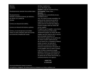 Mientras
corremos:
–
Desplazamientos laterales hacia ambos lados.
–
Desplazamientos
laterales cruzando las piernas por delante y
por detrás con cambio de
sentido.
–
Carrera con elevación de rodillas.
–
Carrera con elevación de talones a glúteos.
–
Carrera, a la voz de ya tocar con ambas
manos el suelo y después saltar hacia arriba
con extensión completa del cuerpo.
derribar al adversario
sin ser derribado antes.
Objetivo: Juego de resistencia física.
Participantes: Grupo, clase,….
Material:——–
Desarrollo: Dos contendientes de pie,
mirándose uno al
otro. Sus manos estarán extendidas, las
palmas de las mansos de uno de los
jugadores mirarán hacia arriba y las
palmas del otro mirarán hacia abajo y
estarán situadas sobre las manos del
primer jugador.
El objeto es que el jugador, cuyas manos
están mirando hacia arriba pueda
rápidamente golpear las manos del otro
jugador que está sobre las de él, ante de
que este pueda moverlas. Si el
tiene éxito en golpear con las palmas de
las manos la parte superior de una
de las manos de su compañero él deberá
anotar un punto: las mano de él
retornarán a la posición original y
entonces tratará de hacer otro punto. Si
el otro jugador retira su mano a tiempo,
y por lo tanto el atacante no puede
golpearle, entonces se intercambian las
posiciones y el jugador que quede con
las palmas de las manos hacia arriba, se
convierte entonces en el agresor.
ASPECTOS
A EVALUAR
Ilustran de diferente manera lo anterior
con gráficas e imágenes. De manera práctica comparan sus ritmos cardiacos con
 