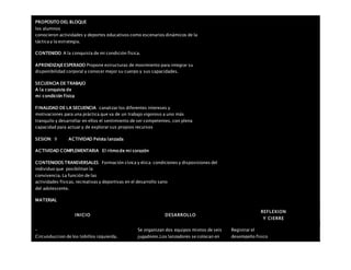 PROPOSITO DEL BLOQUE
los alumnos
conocieron actividades y deportes educativos como escenarios dinámicos de la
táctica y la estrategia.
CONTENIDO A la conquista de mi condición física.
APRENDIZAJEESPERADO Propone estructuras de movimiento para integrar su
disponibilidad corporal y conocer mejor su cuerpo y sus capacidades.
SECUENCIA DE TRABAJO
A la conquista de
mi condición física
FINALIDAD DE LA SECUENCIA canalizar los diferentes intereses y
motivaciones para una práctica que va de un trabajo vigoroso a uno más
tranquilo y desarrollar en ellos el sentimiento de ser competentes, con plena
capacidad para actuar y de explorar sus propios recursos
SESION: 9 ACTIVIDAD Pelota lanzada
ACTIVIDAD COMPLEMENTARIA El ritmo de mi corazón
CONTENIDOS TRANSVERSALES Formación cívica y ética: condiciones y disposiciones del
individuo que posibilitan la
convivencia. La función de las
actividades físicas, recreativas y deportivas en el desarrollo sano
del adolescente.
MATERIAL
INICIO DESARROLLO
REFLEXION
Y CIERRE
–
Circunduccion de los tobillos izquierda,
Se organizan dos equipos mixtos de seis
jugadores.Los lanzadores se colocan en
Registrar el
desempeño fisico
 