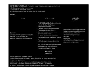 CONTENIDOS TRANSVERSALES Formación cívica y ética: condiciones y disposiciones del
individuo que posibilitan la convivencia.
La función de las actividades físicas,
recreativas y deportivas en el desarrollo sano del adolescente.
MATERIAL
INICIO DESARROLLO
REFLEXION
Y CIERRE
Comentar
con los alumnos lo que saben acerca del
atletismo, ya sea por medio de la
televisión, los periódicos o las revistas
PELEA DE GALLOSDefinición: Se trata de
intentar derribar al adversario
sin ser derribado antes.
Objetivo: Juego de resistencia física.
Participantes: Grupo, clase,….
Desarrollo: Los contendientes en
posición de pie, cruzan
su pierna izquierda por frente a su
cuerpo de forma tal que puedan agarrar
el
tobillo de la pierna izquierda con su
mano derecha.
Tan solo saltando con la pierna derecha,
ellos tratarán de chocar con otros
compañeros y hacerles perder
Observar las características que tienen
las carreras de velocidad.Conocer los
implementos que utilizan los
deportistas en la práctica de
la carrera.
Observar la
actitud que tienen los participantes
durante una competencia.
ASPECTOS
A EVALUAR
Ilustran de diferente manera lo anterior
con gráficas e imágenes. De manera práctica comparan sus ritmos cardiacos con
el resto del grupo.Realizan
cuestionarios y los aplican a la comunidad escolar para identificar, entre
otros: gustos y aficiones, preferencias, tiempo que se dedica a la práctica
de juegos y deportes, pasatiempos, etcétera. Con esta información se pueden
 