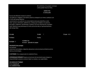 de comienzo y los grupos se lanzan
como pueden hacia la meta.
ASPECTOS
A EVALUAR
Ilustran de diferente manera lo anterior
con gráficas e imágenes. De manera práctica comparan sus ritmos cardiacos con
el resto del grupo.Realizan
cuestionarios y los aplican a la comunidad escolar para identificar, entre
otros: gustos y aficiones, preferencias, tiempo que se dedica a la práctica
de juegos y deportes, pasatiempos, etcétera. Con esta información se pueden
hacer boletines que promuevan el estilo activo de vida y el aprovechamiento
del tiempo libre.
Escuela: Grado 1 Grupo: A, B,
Profesor: Fecha:
BLOQUE: 5
NOMBRE DEL
BLOQUE: Ejercito mi cuerpo
PROPOSITO DEL BLOQUE
los alumnos
conocieron actividades y deportes educativos como escenarios dinámicos de la
táctica y la estrategia.
CONTENIDO A la conquista de mi condición física.
APRENDIZAJEESPERADO Propone estructuras de movimiento para integrar su
disponibilidad corporal y conocer mejor su cuerpo y sus capacidades.
SECUENCIA DE TRABAJO
A la conquista de
mi condición física
 