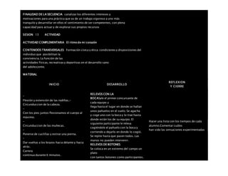 FINALIDAD DE LA SECUENCIA canalizar los diferentes intereses y
motivaciones para una práctica que va de un trabajo vigoroso a uno más
tranquilo y desarrollar en ellos el sentimiento de ser competentes, con plena
capacidad para actuar y de explorar sus propios recursos
SESION: 13 ACTIVIDAD
ACTIVIDAD COMPLEMENTARIA El ritmo de mi corazón
CONTENIDOS TRANSVERSALES Formación cívica y ética: condiciones y disposiciones del
individuo que posibilitan la
convivencia. La función de las
actividades físicas, recreativas y deportivas en el desarrollo sano
del adolescente.
MATERIAL
INICIO DESARROLLO
REFLEXION
Y CIERRE
–
Flexión y extensión de las rodillas.-
Circunduccion de la cabeza.
–
Con los pies juntos flexionamos el cuerpo al
máximo.
–
Circunduccion de las muñecas.
–
Ponerse de cuclillas y estirar una pierna.
–
Dar vueltas a los brazos hacia delante y hacia
atrás.
 Carrera
continua durante 6 minutos.
RELEVOS CON LA
BOCASale el primer concursante de
cada equipo y
llega hasta el lugar en donde se hallan
unos pañuelos en el suelo. Se agacha
y coge uno con la boca y lo trae hasta
donde están los de su equipo. El
siguiente participante le releva
cogiéndole el pañuelo con la boca y
corriendo a dejarlo en donde lo cogió.
Se repite hasta que pasen todos. Las
manos no pueden intervenir.
RELEVOS DE BOTONES
Se coloca en un extremo del campo un
plato
con tantos botones como participantes.
Hacer una lista con los tiempos de cada
alumno.Comentar cuáles
han sido las sensaciones experimentadas
 