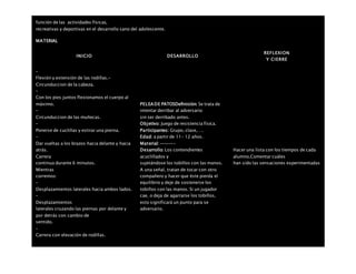 función de las actividades físicas,
recreativas y deportivas en el desarrollo sano del adolescente.
MATERIAL
INICIO DESARROLLO
REFLEXION
Y CIERRE
–
Flexión y extensión de las rodillas.-
Circunduccion de la cabeza.
–
Con los pies juntos flexionamos el cuerpo al
máximo.
–
Circunduccion de las muñecas.
–
Ponerse de cuclillas y estirar una pierna.
–
Dar vueltas a los brazos hacia delante y hacia
atrás.
 Carrera
continua durante 6 minutos.
 Mientras
corremos:
–
Desplazamientos laterales hacia ambos lados.
–
Desplazamientos
laterales cruzando las piernas por delante y
por detrás con cambio de
sentido.
–
Carrera con elevación de rodillas.
PELEA DE PATOSDefinición: Se trata de
intentar derribar al adversario
sin ser derribado antes.
Objetivo: Juego de resistencia física.
Participantes: Grupo, clase,….
Edad: a partir de 11- 12 años.
Material: ———-
Desarrollo: Los contendientes
acuclillados y
sujetándose los tobillos con las manos.
A una señal, tratan de tocar con otro
compañero y hacer que éste pierda el
equilibrio y deje de sostenerse los
tobillos con las manos. Si un jugador
cae, o deja de agarrarse los tobillos,
esto significará un punto para se
adversario.
Hacer una lista con los tiempos de cada
alumno.Comentar cuáles
han sido las sensaciones experimentadas
 