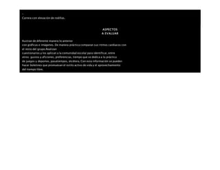 –
Carrera con elevación de rodillas.
ASPECTOS
A EVALUAR
Ilustran de diferente manera lo anterior
con gráficas e imágenes. De manera práctica comparan sus ritmos cardiacos con
el resto del grupo.Realizan
cuestionarios y los aplican a la comunidad escolar para identificar, entre
otros: gustos y aficiones, preferencias, tiempo que se dedica a la práctica
de juegos y deportes, pasatiempos, etcétera. Con esta información se pueden
hacer boletines que promuevan el estilo activo de vida y el aprovechamiento
del tiempo libre.
 