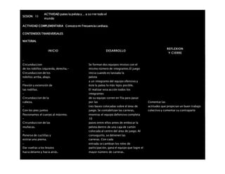 SESION: 10
ACTIVIDAD pateo la pelota y… a co rrer todo el
mundo
ACTIVIDAD COMPLEMENTARIA Conozco mi frecuencia cardiaca.
CONTENIDOS TRANSVERSALES
MATERIAL
INICIO DESARROLLO
REFLEXION
Y CIERRE
–
Circunduccion
de los tobillos izquierda, derecha.-
Circunduccion de los
tobillos arriba, abajo.
–
Flexión y extensión de
las rodillas.
–
Circunduccion de la
cabeza.
–
Con los pies juntos
flexionamos el cuerpo al máximo.
–
Circunduccion de las
muñecas.
–
Ponerse de cuclillas y
estirar una pierna.
–
Dar vueltas a los brazos
hacia delante y hacia atrás.
Se forman dos equipos mixtos con el
mismo número de integrantes.El juego
inicia cuando es lanzada la
pelota
a un integrante del equipo ofensivo y
éste la patea lo más lejos posible.
El realizar esta acción todos los
integrantes
de su equipo corren en fila para pasar
por las
tres bases colocadas sobre el área de
juego. Se contabilizan las carreras,
mientras el equipo defensivo completa
10
pases entre ellos antes de embocar la
pelota dentro de una caja de cartón
colocada al centro del área de juego. Al
conseguirlo, se detienen las
carreras. Con cada
entrada se cambian los roles de
participación, gana el equipo que logre el
mayor número de carreras.
Comentar las
actitudes que propician un buen trabajo
colectivo y comentar su contraparte
 
