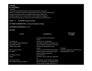 FINALIDAD
DE LA SECUENCIA
reconocer
y distinguir la identidad corporal, las formas de expresión y los gestos
motores, la presente secuencia de trabajo explora la forma en que los adolescentes
representan el propio cuerpo y su agudeza para registrar, diferenciar y
establecer algunas de sus características, y cómo mediante unlenguaje
emocional expresan algunos rasgos de su personalidad con sentido positivo.
SESION: 14 ACTIVIDAD estructuras móviles
ACTIVIDAD COMPLEMENTARIA Conozco mi frecuencia cardiaca.
CONTENIDOS TRANSVERSALES FC Y E
MATERIAL
INICIO DESARROLLO
REFLEXION
Y CIERRE
–
Circunduccion
de los tobillos izquierda, derecha.-
Circunduccion de los
tobillos arriba, abajo.
–
Flexión y extensión de
las rodillas.
–
Circunduccion de la
cabeza.
–
Con los pies juntos
flexionamos el cuerpo al máximo.
A cada alumno le corresponde un
número
del uno al seis. Se desplazan
caminando, trotando o corriendo.A una
señal, el profesor menciona uno. En este
momento los designados con ese
número
corren a un extremo del área de juego y
adoptan una posición de tal forma que
su brazo derecho quede libre;
posteriormente
el profesor anuncia dos y los integrantes
de
cada equipo con ese número van donde
está su compañero y se acomodan junto
a él sin ocupar su brazo derecho y así
En equipo
compartan experiencias y factores que
han perjudicado su salud
 