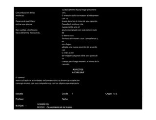 –
Circunduccion de las
muñecas.
–
Ponerse de cuclillas y
estirar una pierna.
–
Dar vueltas a los brazos
hacia delante y hacia atrás.
sucesivamente hasta llegar al número
seis.
El maestro solicita muevan e interpreten
con su
brazo derecho el ritmo de una canción.
Cuando el profesor cite
nuevamente uno, el
alumno asignado con ese número sale
de
la estructura
formada sin mover a sus compañeros y,
en
otro lugar,
adopta una nueva posición de acuerdo
con
la indicación
del maestro dejando libre otra parte de
su
cuerpo para luego moverla al ritmo de la
canción.
ASPECTOS
A EVALUAR
El control
motriz al realizar actividades en forma estática o dinámica en relación
consigo mismo, con sus compañeros y con los objetos que manipula.
Escuela: Grado 1 Grupo: A, B,
Profesor: Fecha:
BLOQUE: 1
NOMBRE DEL
BLOQUE: Conocimiento de mí mismo
 