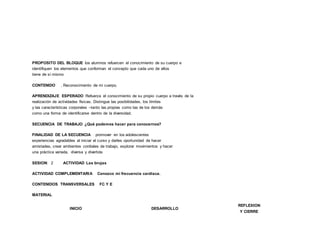 PROPOSITO DEL BLOQUE los alumnos refuercen el conocimiento de su cuerpo e
identifiquen los elementos que conforman el concepto que cada uno de ellos
tiene de sí mismo
CONTENIDO . Reconocimiento de mi cuerpo.
APRENDIZAJE ESPERADO Refuerza el conocimiento de su propio cuerpo a través de la
realización de actividades físicas. Distingue las posibilidades, los límites
y las características corporales –tanto las propias como las de los demás
como una forma de identificarse dentro de la diversidad.
SECUENCIA DE TRABAJO ¿Qué podemos hacer para conocernos?
FINALIDAD DE LA SECUENCIA promover en los adolescentes
experiencias agradables al iniciar el curso y darles oportunidad de hacer
amistades, crear ambientes cordiales de trabajo, explorar movimientos y hacer
una práctica variada, diversa y divertida
SESION: 2 ACTIVIDAD Las brujas
ACTIVIDAD COMPLEMENTARIA Conozco mi frecuencia cardiaca.
CONTENIDOS TRANSVERSALES FC Y E
MATERIAL
INICIO DESARROLLO
REFLEXION
Y CIERRE
 