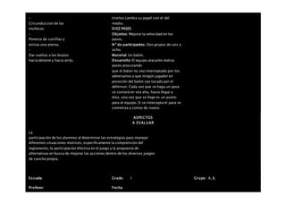 –
Circunduccion de las
muñecas.
–
Ponerse de cuclillas y
estirar una pierna.
–
Dar vueltas a los brazos
hacia delante y hacia atrás.
tirarlos cambia su papel con el del
medio.
DIEZ PASES
Objetivo: Mejorar la velocidad en los
pases.
Nº de participantes: Dos grupos de seis a
ocho.
Material: Un balón.
Desarrollo: El equipo atacante realiza
pases procurando
que el balon no sea interceptado por los
adversarios y que ningún jugador en
posesión del balón sea tocado por el
defensor. Cada vez que se haga un pase
se contará en voz alta, hasta llegar a
diez, una vez que se llege es un punto
para el equipo. Si se intercepta el pase se
comienza a contar de nuevo.
ASPECTOS
A EVALUAR
La
participación de los alumnos al determinar las estrategias para manejar
diferentes situaciones motrices, específicamente la comprensión del
reglamento, la participación efectiva en el juego y la propuesta de
alternativas en busca de mejorar las acciones dentro de los diversos juegos
de cancha propia.
Escuela: Grado 1 Grupo: A, B,
Profesor: Fecha:
 