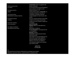 –
Flexión y extensión de
las rodillas.
–
Circunduccion de la
cabeza.
–
Con los pies juntos
flexionamos el cuerpo al máximo.
–
Circunduccion de las
muñecas.
–
Ponerse de cuclillas y
estirar una pierna.
–
Dar vueltas a los brazos
hacia delante y hacia atrás.
Organización:Todos los jugadores del
grupo se disponen
en una hilera menos dos (los lanzadores),
que se colocan a los lados y a una
distancia de unos 5-10
metros de ellos (aprox.). Desarrollo: Los
lanzadores disparan al resto de sus
compañeros, que deben mantener
siempre pegados al suelo los pies. Solo
podrán
evitar ser tocados fintando y esquivando
el balón con el cuerpo. Los que sean
tocados tres veces cambian su papel con
el lanzador.
SUELTA EL BALÓN
Objetivo: Mejorar la velocidad en los
pases, el
desmarque y la defensa.
Nº de participantes: Dos equipos de tres
a seis jugadores.
Material: Un balón.
Desarrollo: El equipo atacante realiza
pases procurando
que el balon no sea interceptado por los
adversarios y que ningún jugador en
posesión del balón sea tocado por el
defensor. En tal caso, ese defensor
intercambiará su papel con el atacante
que cometió el fallo.
ASPECTOS
A EVALUAR
La
participación de los alumnos al determinar las estrategias para manejar
diferentes situaciones motrices, específicamente la comprensión del
 