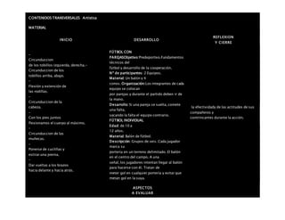 CONTENIDOS TRANSVERSALES Artística
MATERIAL
INICIO DESARROLLO
REFLEXION
Y CIERRE
–
Circunduccion
de los tobillos izquierda, derecha.-
Circunduccion de los
tobillos arriba, abajo.
–
Flexión y extensión de
las rodillas.
–
Circunduccion de la
cabeza.
–
Con los pies juntos
flexionamos el cuerpo al máximo.
–
Circunduccion de las
muñecas.
–
Ponerse de cuclillas y
estirar una pierna.
–
Dar vueltas a los brazos
hacia delante y hacia atrás.
FÚTBOL CON
PAREJASObjetivo:Predeportivo.Fundamentos
técnicos del
fútbol y desarrollo de la cooperación.
Nº de participantes: 2 Equipos.
Material: Un balón y 4
conos. Organización:Los integrantes de cada
equipo se colocan
por parejas y durante el partido deben ir de
la mano.
Desarrollo: Si una pareja se suelta, comete
una falta,
sacando la falta el equipo contrario.
FÚTBOL INDIVIDUAL
Edad: de 10 a
12 años.
Material: Balón de fútbol.
Descripción: Grupos de seis. Cada jugador
marca su
portería en un terreno delimitado. El balón
en el centro del campo. A una
señal, los jugadores intentan llegar al balón
para hacerse con él. Tratan de
meter gol en cualquier portería y evitar que
metan gol en la suya.
la efectividady de las actitudes de sus
compañeros y
contrincantes durante la acción.
ASPECTOS
A EVALUAR
 