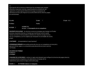 La
participación de los alumnos al determinar las estrategias para manejar
diferentes situaciones motrices, específicamente la comprensión del
reglamento, la participación efectiva en el juego y la propuesta de
alternativas en busca de mejorar las acciones dentro de los diversos juegos
de cancha propia.
Escuela: Grado 1 Grupo: A, B,
Profesor: Fecha:
BLOQUE: 2
NOMBRE DEL
BLOQUE: El desempeño de mis compañeros
PROPOSITO DEL BLOQUE los alumnos conozcan estrategias para manejar con fluidez
distintas situaciones motrices, al tiempo que manifiestan control cuando
realizan acciones en forma estática o dinámica en relación consigo mismos,
con sus compañeros y con los objetos que manipulan en actividades de cancha
propia.
CONTENIDO . ¿Comprendemos lo que hacemos?
APRENDIZAJEESPERADO Intercambia puntos de vista con sus compañeros en torno de la
aplicación de las reglas y su conveniencia para desarrollar acciones motrices
con fluidez.
SECUENCIA DE TRABAJO
Graficar la
estrategia
FINALIDAD DE LA SECUENCIA analizar la regla como elemento que configura la estructura de juegos diversos,
la actuación de los compañeros y los adversarios y el manejo de los
implementos para conocer la lógica interna del juego
SESION: 6 ACTIVIDAD elaborar un ludograma
 