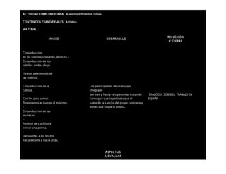 ACTIVIDAD COMPLEMENTARIA Nuestros diferentes ritmos.
CONTENIDOS TRANSVERSALES Artística
MATERIAL
INICIO DESARROLLO
REFLEXION
Y CIERRE
–
Circunduccion
de los tobillos izquierda, derecha.-
Circunduccion de los
tobillos arriba, abajo.
–
Flexión y extensión de
las rodillas.
–
Circunduccion de la
cabeza.
–
Con los pies juntos
flexionamos el cuerpo al máximo.
–
Circunduccion de las
muñecas.
–
Ponerse de cuclillas y
estirar una pierna.
–
Dar vueltas a los brazos
hacia delante y hacia atrás.
Los participantes de un equipo
integrado
por tres y hasta seis personas tratan de
conseguir que la pelota toque el
suelo de la cancha del grupo contrario y
evitan que toque la propia.
DIALOGUE SOBRE EL TRABAJO EN
EQUIPO
ASPECTOS
A EVALUAR
 