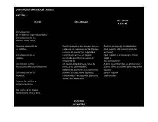 CONTENIDOS TRANSVERSALES Artística
MATERIAL
INICIO DESARROLLO
REFLEXION
Y CIERRE
–
Circunduccion
de los tobillos izquierda, derecha.-
Circunduccion de los
tobillos arriba, abajo.
–
Flexión y extensión de
las rodillas.
–
Circunduccion de la
cabeza.
–
Con los pies juntos
flexionamos el cuerpo al máximo.
–
Circunduccion de las
muñecas.
–
Ponerse de cuclillas y
estirar una pierna.
–
Dar vueltas a los brazos
hacia delante y hacia atrás.
Dividir al grupo en dos equipos mixtos,
cada uno en su propia cancha. El juego
consiste en quemar con la pelota al
contrincante y evitar ser tocado
por ella.La acción inicia cuando el
integrante de
un equipo, elegido al azar, lanza la
pelota a los contrincantes,
tratando de quemarlos. Los oponentes
pueden, a su vez, tomar la pelota,
convirtiéndose en atacantes y lanzarla
ahora a sus adversarios.
Análisis en grupo de los resultados:
¿Qué jugador está concentrando las
acciones?
¿Qué jugador se preocupa por enviar
pases a
más compañeros?
¿Cómo están repartidas las anotaciones?
¿Cómo tomar decisiones para integrar los
equipos
para el segundo
y tercer sets?
ASPECTOS
A EVALUAR
 