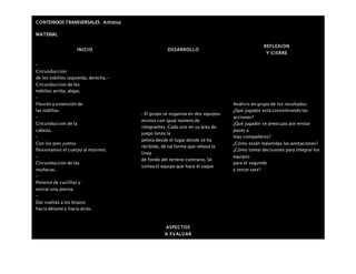 CONTENIDOS TRANSVERSALES Artística
MATERIAL
INICIO DESARROLLO
REFLEXION
Y CIERRE
–
Circunduccion
de los tobillos izquierda, derecha.-
Circunduccion de los
tobillos arriba, abajo.
–
Flexión y extensión de
las rodillas.
–
Circunduccion de la
cabeza.
–
Con los pies juntos
flexionamos el cuerpo al máximo.
–
Circunduccion de las
muñecas.
–
Ponerse de cuclillas y
estirar una pierna.
–
Dar vueltas a los brazos
hacia delante y hacia atrás.
. El grupo se organiza en dos equipos
mixtos con igual número de
integrantes. Cada uno en su área de
juego lanza la
pelota desde el lugar donde se ha
recibido, de tal forma que rebase la
línea
de fondo del terreno contrario. Se
sortea el equipo que hace el saque
Análisis en grupo de los resultados:
¿Qué jugador está concentrando las
acciones?
¿Qué jugador se preocupa por enviar
pases a
más compañeros?
¿Cómo están repartidas las anotaciones?
¿Cómo tomar decisiones para integrar los
equipos
para el segundo
y tercer sets?
ASPECTOS
A EVALUAR
 