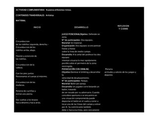 ACTIVIDAD COMPLEMENTARIA Nuestros diferentes ritmos.
CONTENIDOS TRANSVERSALES Artística
MATERIAL
INICIO DESARROLLO
REFLEXION
Y CIERRE
–
Circunduccion
de los tobillos izquierda, derecha.-
Circunduccion de los
tobillos arriba, abajo.
–
Flexión y extensión de
las rodillas.
–
Circunduccion de la
cabeza.
–
Con los pies juntos
flexionamos el cuerpo al máximo.
–
Circunduccion de las
muñecas.
–
Ponerse de cuclillas y
estirar una pierna.
–
Dar vueltas a los brazos
hacia delante y hacia atrás.
JUEGO POSICIONALObjetivo: Defender en
zona.
Nº de participantes: Dos equipos.
Material: Sin material.
Organización: Dos equipos se encuentran
frente a frente
sobre la linea de medio campo.
Desarrollo: A la señal del profesor los dos
equipos
intentan situarse lo mas rapidamente
posible sobre el perimetro de la zona
restringida.
PERSECUCIÓN CON DRIBLING
Objetivo:Dominar el dribling y desarrollar
la
velocidad de desplazamiento.
Nº de participantes: Parejas.
Material: Balón por pareja.
Desarrollo: Un jugador corre botando un
balón, tratando
de ser tocado por su adversario. Cuando
considere oportuno o se encuentro en
una situación comprometida puede
depositar el balón en el suelo y correr a
tocar una de las líneas del campo y volver
por él. Su contrincante también
debe ir hacia esa línea, pero únicamente
Plenaria:
actitudes y valores de los juegos y
deportes
 