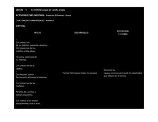 SESION: 16 ACTIVIDAD juegos de cancha propia
ACTIVIDAD COMPLEMENTARIA Nuestros diferentes ritmos.
CONTENIDOS TRANSVERSALES Artística
MATERIAL
INICIO DESARROLLO
REFLEXION
Y CIERRE
–
Circunduccion
de los tobillos izquierda, derecha.-
Circunduccion de los
tobillos arriba, abajo.
–
Flexión y extensión de
las rodillas.
–
Circunduccion de la
cabeza.
–
Con los pies juntos
flexionamos el cuerpo al máximo.
–
Circunduccion de las
muñecas.
–
Ponerse de cuclillas y
estirar una pierna.
–
Dar vueltas a los brazos
hacia delante y hacia atrás.
Torneo:Participaran todos los grupos
Comente las
causas y consecuencias de los resultados
que obtuvo en el torneo
 