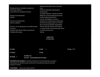 –
Desplazamientos laterales cruzando las
piernas por delante
y por detrás con cambio de sentido.
–
Carrera con elevación de
rodillas.
–
Carrera con elevación de
talones a glúteos.
–
Carrera, a la voz de ya tocar con ambas manos
el suelo y
después saltar hacia arriba con extensión
completa del cuerpo.
paliacate dentro del marco o zona de
casa.
En forma individual cada atacante
intenta pasar
al campo contrario, a través de la línea
defensora y lleva el paliacate de forma
visible en alguna parte de la
cintura. Para detener o evitar la
anotación se le debe quitar el paliacate.
El terreno de juego puede ser la mitad
de la cancha de voleibol o basquetbol;
tiene un área de meta de ocho metros
y, a partir de allí, una distancia del marco
o zona de casa de seis
metros.
ASPECTOS
A EVALUAR
Escuela: Grado 1 Grupo: A, B,
Profesor: Fecha:
BLOQUE: 3
NOMBRE DEL
BLOQUE: Conocimiento de mí mismo
PROPOSITO DEL BLOQUE los alumnos refuercen el conocimiento de su cuerpo e
identifiquen los elementos que conforman el concepto que cada uno de ellos
tiene de sí mismo
CONTENIDO . ¿Cómo nos relacionamos?
 