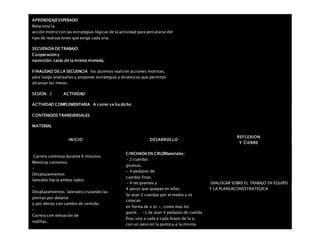 APRENDIZAJEESPERADO
Relaciona la
acción motriz con las estrategias lógicas de la actividad para percatarse del
tipo de realizaciones que exige cada una.
SECUENCIA DE TRABAJO
Cooperacióny
oposición: caras de la misma moneda.
FINALIDAD DE LA SECUENCIA los alumnos realicen acciones motrices,
para luego analizarlas y proponer estrategias y dinámicas que permitan
alcanzar las metas.
SESION: 2 ACTIVIDAD
ACTIVIDAD COMPLEMENTARIA A correr se ha dicho
CONTENIDOS TRANSVERSALES
MATERIAL
INICIO DESARROLLO
REFLEXION
Y CIERRE
 Carrera continua durante 6 minutos.
 Mientras corremos:
–
Desplazamientos
laterales hacia ambos lados.
–
Desplazamientos laterales cruzando las
piernas por delante
y por detrás con cambio de sentido.
–
Carrera con elevación de
rodillas.
CINCHADA EN CRUZMateriales :
 • 2 cuerdas
gruesas.
 • 4 pedazos de
cuerdas finas.
 • 4 recipientes y
4 pesos que quepan en ellos.
Se atan 2 cuerdas por el medio y se
colocan
en forma de x (o +, como mas les
guste… :-). Se atan 4 pedazos de cuerda
fina, una a cada a cada brazo de la x,
con un peso en la punta y a la misma
DIALOGAR SOBRE EL TRABAJO EN EQUIPO
Y LA PLANEACONESTRATEGICA
 