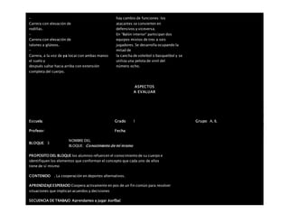 –
Carrera con elevación de
rodillas.
–
Carrera con elevación de
talones a glúteos.
–
Carrera, a la voz de ya tocar con ambas manos
el suelo y
después saltar hacia arriba con extensión
completa del cuerpo.
hay cambio de funciones: los
atacantes se convierten en
defensivos y viceversa.
En “Balón interior“ participan dos
equipos mixtos de tres a seis
jugadores. Se desarrolla ocupando la
mitad de
la cancha de voleibol o basquetbol y se
utiliza una pelota de vinil del
número ocho.
ASPECTOS
A EVALUAR
Escuela: Grado 1 Grupo: A, B,
Profesor: Fecha:
BLOQUE: 3
NOMBRE DEL
BLOQUE: Conocimiento de mí mismo
PROPOSITO DEL BLOQUE los alumnos refuercen el conocimiento de su cuerpo e
identifiquen los elementos que conforman el concepto que cada uno de ellos
tiene de sí mismo
CONTENIDO . La cooperación en deportes alternativos.
APRENDIZAJEESPERADO Coopera activamente en pos de un fin común para resolver
situaciones que implican acuerdos y decisiones
SECUENCIA DE TRABAJO Aprendamos a jugar korfbal.
 