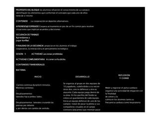 PROPOSITO DEL BLOQUE los alumnos refuercen el conocimiento de su cuerpo e
identifiquen los elementos que conforman el concepto que cada uno de ellos
tiene de sí mismo
CONTENIDO . La cooperación en deportes alternativos.
APRENDIZAJEESPERADO Coopera activamente en pos de un fin común para resolver
situaciones que implican acuerdos y decisiones
SECUENCIA DE TRABAJO
Aprendamos a
jugar korfbal.
FINALIDAD DE LA SECUENCIA propiciar en los alumnos el trabajo
cooperativo, la interacción y el pensamiento estratégico
SESION: 9 ACTIVIDAD Las zonas prohibidas
ACTIVIDAD COMPLEMENTARIA A correr se ha dicho.
CONTENIDOS TRANSVERSALES
MATERIAL
INICIO DESARROLLO
REFLEXION
Y CIERRE
 Carrera continua durante 6 minutos.
 Mientras corremos:
–
Desplazamientos
laterales hacia ambos lados.
–
Desplazamientos laterales cruzando las
piernas por delante
y por detrás con cambio de sentido.
Se organiza al grupo en dos equipos de
10 jugadores, subdivididos a su vez en
otros dos, uno es defensor y otro es
atacante. Cada equipo juega dentro de
su área. En los pasillos del fondo se
coloca un guardameta de cada equipo.
Inicia un equipo defensor de uno de los
campos: tratan de pasar la pelota a sus
compañeros situados en el campo
contrario (atacantes) que intentan pasar
Medir y registrar el pulso cardiaco
organice una actividad de relajación con
la finalidad
de volver a la
calma en los alumnos tanto su
frecuencia cardiaca como respiratoria
 