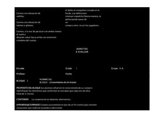 –
Carrera con elevación de
rodillas.
–
Carrera con elevación de
talones a glúteos.
–
Carrera, a la voz de ya tocar con ambas manos
el suelo y
después saltar hacia arriba con extensión
completa del cuerpo.
el balón al compañero situado en el
fondo. Los defensores
intentan impedirlo.Deesta manera, la
pelota puede pasar de
un
campo a otro, no así los jugadores.
ASPECTOS
A EVALUAR
Escuela: Grado 1 Grupo: A, B,
Profesor: Fecha:
BLOQUE: 3
NOMBRE DEL
BLOQUE: Conocimiento de mí mismo
PROPOSITO DEL BLOQUE los alumnos refuercen el conocimiento de su cuerpo e
identifiquen los elementos que conforman el concepto que cada uno de ellos
tiene de sí mismo
CONTENIDO . La cooperación en deportes alternativos.
APRENDIZAJEESPERADO Coopera activamente en pos de un fin común para resolver
situaciones que implican acuerdos y decisiones
 