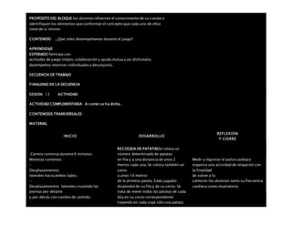 PROPOSITO DEL BLOQUE los alumnos refuercen el conocimiento de su cuerpo e
identifiquen los elementos que conforman el concepto que cada uno de ellos
tiene de sí mismo
CONTENIDO . ¿Qué roles desempeñamos durante el juego?
APRENDIZAJE
ESPERADO Participa con
actitudes de juego limpio, colaboración y ayuda mutua y así disfrutalos
desempeños motrices individuales y deconjunto.
SECUENCIA DE TRABAJO
FINALIDAD DE LA SECUENCIA
SESION: 13 ACTIVIDAD
ACTIVIDAD COMPLEMENTARIA A correr se ha dicho..
CONTENIDOS TRANSVERSALES
MATERIAL
INICIO DESARROLLO
REFLEXION
Y CIERRE
 Carrera continua durante 6 minutos.
 Mientras corremos:
–
Desplazamientos
laterales hacia ambos lados.
–
Desplazamientos laterales cruzando las
piernas por delante
y por detrás con cambio de sentido.
RECOGIDA DE PATATASSe coloca un
número determinado de patatas
en fila y a una distancia de unos 2
metros cada una. Se coloca también un
cesto
a unos 10 metros
de la primera patata. Cada jugador
dispondrá de su fila y de su cesto. Se
trata de meter todas las patatas de cada
dila en su cesto correspondiente
trayendo en cada viaje sólo una patata.
Medir y registrar el pulso cardiaco
organice una actividad de relajación con
la finalidad
de volver a la
calma en los alumnos tanto su frecuencia
cardiaca como respiratoria
 