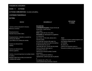 FINALIDAD DE LA SECUENCIA
SESION: 14 ACTIVIDAD
ACTIVIDAD COMPLEMENTARIA A correr se ha dicho..
CONTENIDOS TRANSVERSALES
MATERIAL
INICIO DESARROLLO
REFLEXION
Y CIERRE
 Carrera continua durante 6 minutos.
 Mientras corremos:
–
Desplazamientos
laterales hacia ambos lados.
–
Desplazamientos laterales cruzando las
piernas por delante
y por detrás con cambio de sentido.
–
Carrera con elevación de
rodillas.
–
Carrera con elevación de
talones a glúteos.
–
Carrera, a la voz de ya tocar con ambas manos
el suelo y
después saltar hacia arriba con extensión
completa del cuerpo.
RELEVOS DEL
CANGREJOParticipantes: Grupo mínimo de
8 personas, a partir de los
cinco años.
Edad: a partir de los cinco años.
Desarrollo: En cada equipo los jugadores
se colocan de
dos en dos, en fila india, detrás de la
línea de salida.
A la señal del monitor del juego, los
primeros de cada fila se atan los tobillos:
el derecho del uno con el
izquierdo del otro. Corren de este modo
hasta la línea de meta (que se
encuentra a 10 o 15
metros de la línea de salida). Cuando
alcanzan la
meta, se desatan los tobillos y
rápidamente, vuelven para dar el pañuelo
a
los equipos de su fila, y así
sucesivamente hasta terminar. Gana el
Medir
y registrar el pulso cardiacoorganice una
actividad de relajación con
la finalidad
de volver a la
calma en los alumnos tanto su
frecuencia cardiaca como respiratoria
 