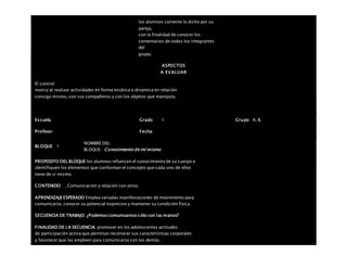 los alumnos comente lo dicho por su
pareja,
con la finalidad de conocer los
comentarios de todos los integrantes
del
grupo.
ASPECTOS
A EVALUAR
El control
motriz al realizar actividades en forma estática o dinámica en relación
consigo mismo, con sus compañeros y con los objetos que manipula.
Escuela: Grado 1 Grupo: A, B,
Profesor: Fecha:
BLOQUE: 1
NOMBRE DEL
BLOQUE: Conocimiento de mí mismo
PROPOSITO DEL BLOQUE los alumnos refuercen el conocimiento de su cuerpo e
identifiquen los elementos que conforman el concepto que cada uno de ellos
tiene de sí mismo
CONTENIDO . Comunicación y relación con otros.
APRENDIZAJEESPERADO Emplea variadas manifestaciones de movimiento para
comunicarse, conocer su potencial expresivo y mantener su condición física.
SECUENCIA DE TRABAJO ¿Podemos comunicarnos sólo con las manos?
FINALIDAD DE LA SECUENCIA promover en los adolescentes actitudes
de participación activa que permitan reconocer sus características corporales
y favorecer que las empleen para comunicarse con los demás.
 