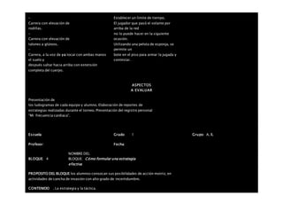 –
Carrera con elevación de
rodillas.
–
Carrera con elevación de
talones a glúteos.
–
Carrera, a la voz de ya tocar con ambas manos
el suelo y
después saltar hacia arriba con extensión
completa del cuerpo.
Establecer un límite de tiempo.
El jugador que pasó el volante por
arriba de la red
no lo puede hacer en la siguiente
ocasión.
Utilizando una pelota de esponja, se
permite un
bote en el piso para armar la jugada y
contestar.
ASPECTOS
A EVALUAR
Presentación de
los ludogramas de cada equipo y alumno. Elaboración de reportes de
estrategias realizadas durante el torneo. Presentación del registro personal
“Mi frecuencia cardiaca”.
Escuela: Grado 1 Grupo: A, B,
Profesor: Fecha:
BLOQUE: 4
NOMBRE DEL
BLOQUE: Cómo formular una estrategia
efectiva
PROPOSITO DEL BLOQUE los alumnos conozcan sus posibilidades de acción motriz, en
actividades de cancha de invasión con alto grado de incertidumbre.
CONTENIDO . La estrategia y la táctica.
 