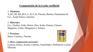 Composición de la Leche Artificial
1. Vitaminas:
A, B1, B2, B6, B12, C, D, E, K, Niacina, Biotina, Pantotenato de
Ca+, Ácido Fólico e Inositol.
2. Minerales:
Ca+, Fósforo, Yodo, Hierro, Zinc, Sodio, Potasio, Cloruro,
Magnesio, Cobre, Manganeso y Solutos.
3. Proteínas:
Suero, Caseína y Taurina.
4. Otros componentes presentes:
Lactosa, Grasas, Aceites, Calorías, Nucleótidos, Prebióticos y cierto
Dilución.
 