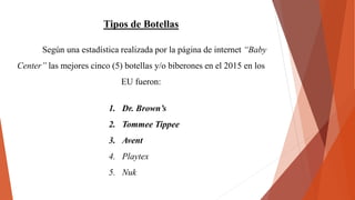 Tipos de Botellas
Según una estadística realizada por la página de internet “Baby
Center” las mejores cinco (5) botellas y/o biberones en el 2015 en los
EU fueron:
1. Dr. Brown’s
2. Tommee Tippee
3. Avent
4. Playtex
5. Nuk
 