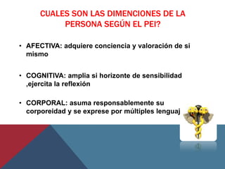 CUALES SON LAS DIMENCIONES DE LA
           PERSONA SEGÚN EL PEI?

• AFECTIVA: adquiere conciencia y valoración de si
  mismo


• COGNITIVA: amplia si horizonte de sensibilidad
  ,ejercita la reflexión

• CORPORAL: asuma responsablemente su
  corporeidad y se exprese por múltiples lenguajes
 