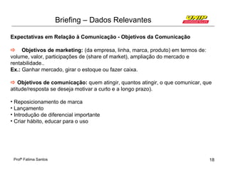 Briefing – Dados Relevantes

Expectativas em Relação à Comunicação - Objetivos da Comunicação

 Objetivos de marketing: (...