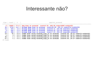 Interessante não?
tipo | count | % | explain_arrecad
------+-------+------+----------------------------------------------------------------------------------
5 | 14892 | 77.6 | Seq Scan on arrecad (cost=0.00..499.94 rows=14892 width=52)
34 | 2714 | 14.1 | Bitmap Heap Scan on arrecad (cost=39.28..333.21 rows=2714 width=52)
14 | 575 | 3.0 | Bitmap Heap Scan on arrecad (cost=8.71..275.89 rows=575 width=52)
6 | 555 | 2.9 | Bitmap Heap Scan on arrecad (cost=8.55..275.49 rows=555 width=52)
25 | 384 | 2.0 | Bitmap Heap Scan on arrecad (cost=7.23..250.28 rows=384 width=52)
13 | 70 | 0.4 | Index Scan using arrecad_tipo_in on arrecad (cost=0.00..29.27 rows=19 width=52)
1 | 3 | 0.0 | Index Scan using arrecad_tipo_in on arrecad (cost=0.00..29.27 rows=19 width=52)
32 | 1 | 0.0 | Index Scan using arrecad_tipo_in on arrecad (cost=0.00..29.27 rows=19 width=52)
27 | 1 | 0.0 | Index Scan using arrecad_tipo_in on arrecad (cost=0.00..29.27 rows=19 width=52)
(9 rows)
 