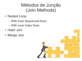 Métodos de Junção
(Join Methods)
● Nested Loop
– With inner Sequencial Scan
– With inner Index Scan
● Hash Join
● Merge Join
 