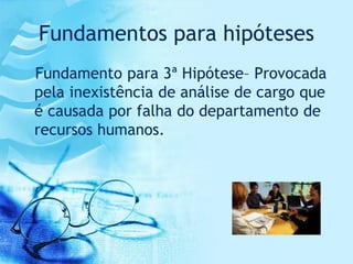 Fundamentos para hipóteses
Fundamento para 3ª Hipótese– Provocada
pela inexistência de análise de cargo que
é causada por falha do departamento de
recursos humanos.
 