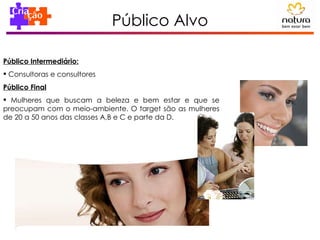 Público Alvo Público Intermediário: Consultoras e consultores Público Final Mulheres que buscam a beleza e bem estar e que se preocupam com o meio-ambiente. O target são as mulheres de 20 a 50 anos das classes A,B e C e parte da D. 
