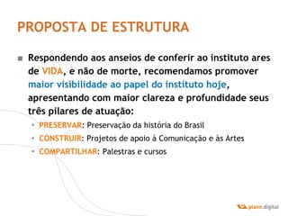 PROPOSTA DE ESTRUTURA Respondendo aos anseios de conferir ao instituto ares de  VIDA , e não de morte, recomendamos promover  maior visibilidade ao papel do instituto hoje , apresentando com maior clareza e profundidade seus três pilares de atuação: PRESERVAR : Preservação da história do Brasil CONSTRUIR : Projetos de  apoio à Comunicação e às Artes COMPARTILHAR : Palestras e cursos 