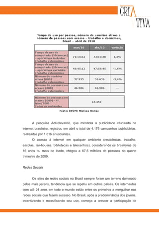 A pesquisa AdRelevance, que monitora a publicidade veiculada na
internet brasileira, registrou em abril o total de 4.176 campanhas publicitárias,
realizadas por 1.616 anunciantes.
      O acesso à internet em qualquer ambiente (residências, trabalho,
escolas, lan-houses, bibliotecas e telecentros), considerando os brasileiros de
16 anos ou mais de idade, chegou a 67,5 milhões de pessoas no quarto
trimestre de 2009.


Redes Sociais


      Os sites de redes sociais no Brasil sempre foram um terreno dominado
pelos mais jovens, tendência que se repetiu em outros países. Os internautas
com até 24 anos em todo o mundo estão entre os primeiros a mergulhar nas
redes sociais que fazem sucesso. No Brasil, após a predominância dos jovens,
incentivando e massificando seu uso, começa a crescer a participação de
 