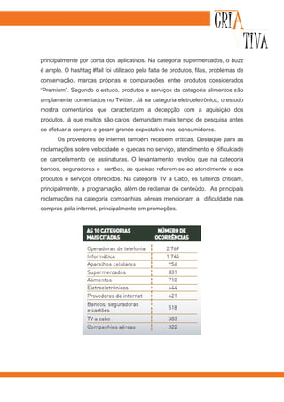 principalmente por conta dos aplicativos. Na categoria supermercados, o buzz
é amplo. O hashtag #fail foi utilizado pela falta de produtos, filas, problemas de
conservação, marcas próprias e comparações entre produtos considerados
“Premium”. Segundo o estudo, produtos e serviços da categoria alimentos são
amplamente comentados no Twitter. Já na categoria eletroeletrônico, o estudo
mostra comentários que caracterizam a decepção com a aquisição dos
produtos, já que muitos são caros, demandam mais tempo de pesquisa antes
de efetuar a compra e geram grande expectativa nos consumidores.
      Os provedores de internet também recebem críticas. Destaque para as
reclamações sobre velocidade e quedas no serviço, atendimento e dificuldade
de cancelamento de assinaturas. O levantamento revelou que na categoria
bancos, seguradoras e cartões, as queixas referem-se ao atendimento e aos
produtos e serviços oferecidos. Na categoria TV a Cabo, os tuiteiros criticam,
principalmente, a programação, além de reclamar do conteúdo. As principais
reclamações na categoria companhias aéreas mencionam a dificuldade nas
compras pela internet, principalmente em promoções.
 