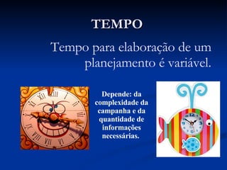 TEMPO Tempo para elaboração de um planejamento é variável. Depende: da complexidade da campanha e da quantidade de informações necessárias.  