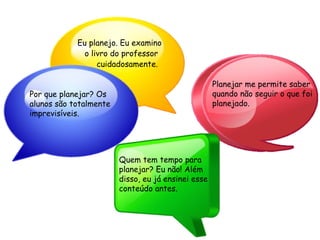 Eu planejo. Eu examino
              o livro do professor
                  cuidadosamente.

                                                    Planejar me permite saber
Por que planejar? Os                                quando não seguir o que foi
alunos são totalmente                               planejado.
imprevisíveis.




                        Quem tem tempo para
                        planejar? Eu não! Além
                        disso, eu já ensinei esse
                        conteúdo antes.
 
