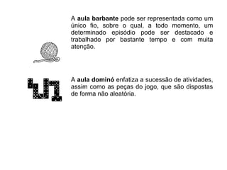 A aula barbante pode ser representada como um
único fio, sobre o qual, a todo momento, um
determinado episódio pode ser destacado e
trabalhado por bastante tempo e com muita
atenção.




A aula dominó enfatiza a sucessão de atividades,
assim como as peças do jogo, que são dispostas
de forma não aleatória.
 