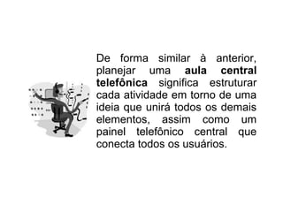 De forma similar à anterior,
planejar uma aula central
telefônica significa estruturar
cada atividade em torno de uma
ideia que unirá todos os demais
elementos, assim como um
painel telefônico central que
conecta todos os usuários.
 