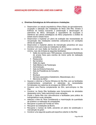 ASSOCIAÇÃO ESPORTIVA SÃO JOSÉ DOS CAMPOS
Page 19 of 25
c. Diretrizes Estratégicas de Infra-estrutura e Instalações
 Desenvolver um estudo arquitetônico (Plano Piloto) de aproveitamento,
ocupação e utilização das instalações da AESJ (Sta Rita, Ginásio e
Edifícios do Centro) buscando a preservação e alavancagem do
patrimônio da AESJ, otimização e racionalismo de ocupação e
aderência aos planos estratégicos da AESJ preparando a análise do
estado atual e estado futuro
 Desenvolver e implantar um plano de avaliação das necessidades de
recuperação das instalações existentes colocando-as em condições
ótimas de operação.
 Desenvolver e implantar planos de manutenção preventiva em seus
diversos níveis para todas as instalações da AESJ.
 Construir um novo Salão de Eventos em um complexo contendo, no
mínimo, mas não limitada às seguintes facilidades:
 Salão de eventos para 1500 pessoas, considerando flexibilidade
de arranjo físico para eventos de menor porte de realização
simultânea.
 Restaurante
 Bar temático
 Salão de Jogos
 Sala Médica e de Fisioterapia
 Administração.
 Sala da Diretoria Executiva
 Sala da Presidência do Conselho
 Sauna
 Boutique
 Serviços associados (Cabeleireiro, Massoterapia, etc.)
 Memorial da AESJ
 Aquecer e reformar a Piscina Olímpica do Sta Rita, com as facilidades
complementares compatíveis e aderentes às necessidades
formalizadas nos cadernos de encargos da CBDA e FAPA
 Construir uma Piscina complementar de 25m, semi-olímpica no Sta
Rita;
 Construir na Santa Rita facilidades para fornecimento de atividades
designados como “baby swimming”e suas variações
 Prover o Santa Rita com infra-estrutura e facilidades para prática de
hidroginástica e suas variações.
 Adequar a área do Tênis considerando a maximização da quantidade
de quadras e a realização de competições
 Recuperar a quadra de Frontão do Tênis
 Recuperar as instalações da Bocha.
 Recuperar o Campo de Golfe, prevendo um plano de substituição e
manutenção do green
 Construir uma segunda quadra poli-esportiva coberta no Sta Rita
 